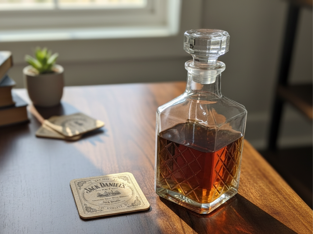 Set of square wooden coasters engraved with a Jack Daniels whiskey theme