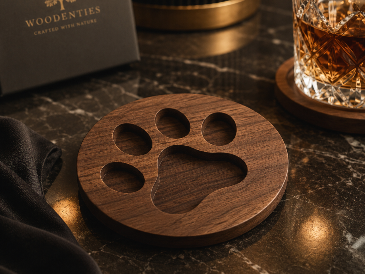 Runder Holz-Getränkeuntersetzer mit Pfotenabdruck-Motiv Laserdesign