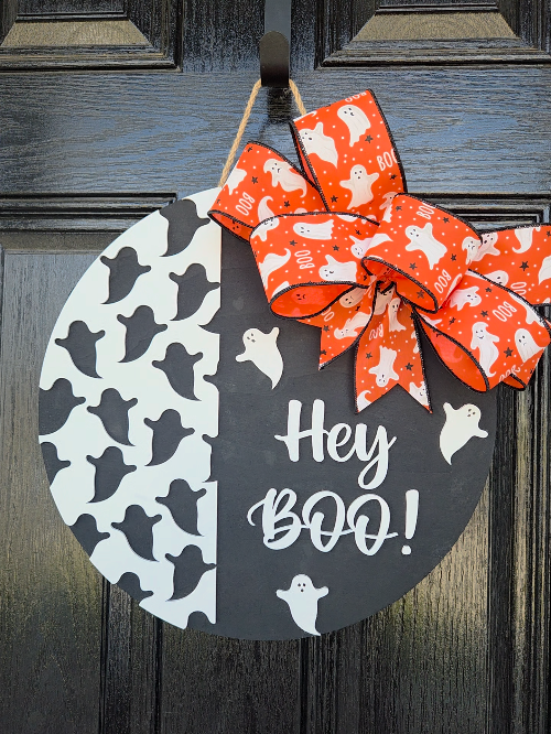 [Laser cut and engrave] Laser Cut Halloween Door Decor with Ghosts and Hey Boo Text