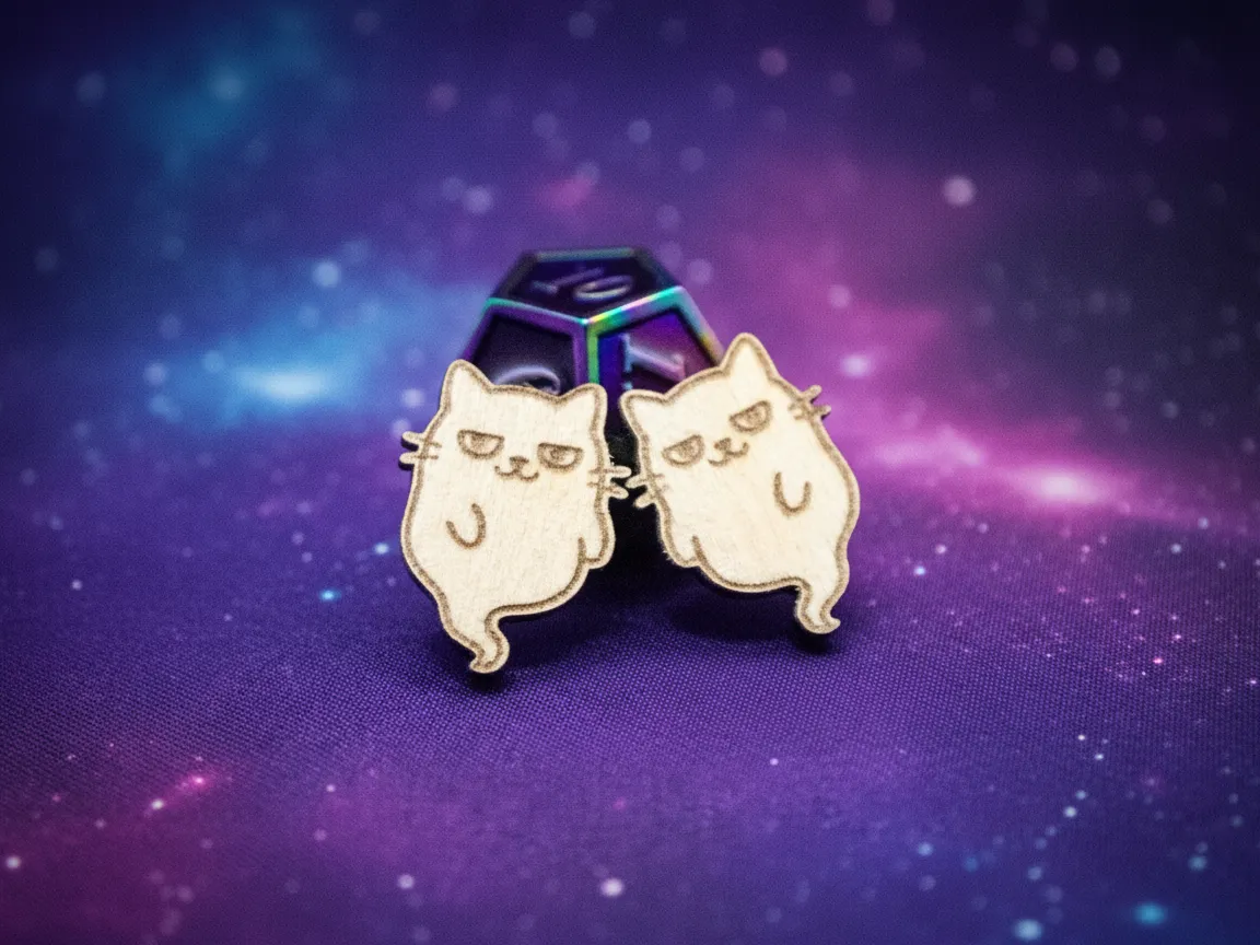 Laser Cut Wooden Cat Ghost Earrings with Cute Expression