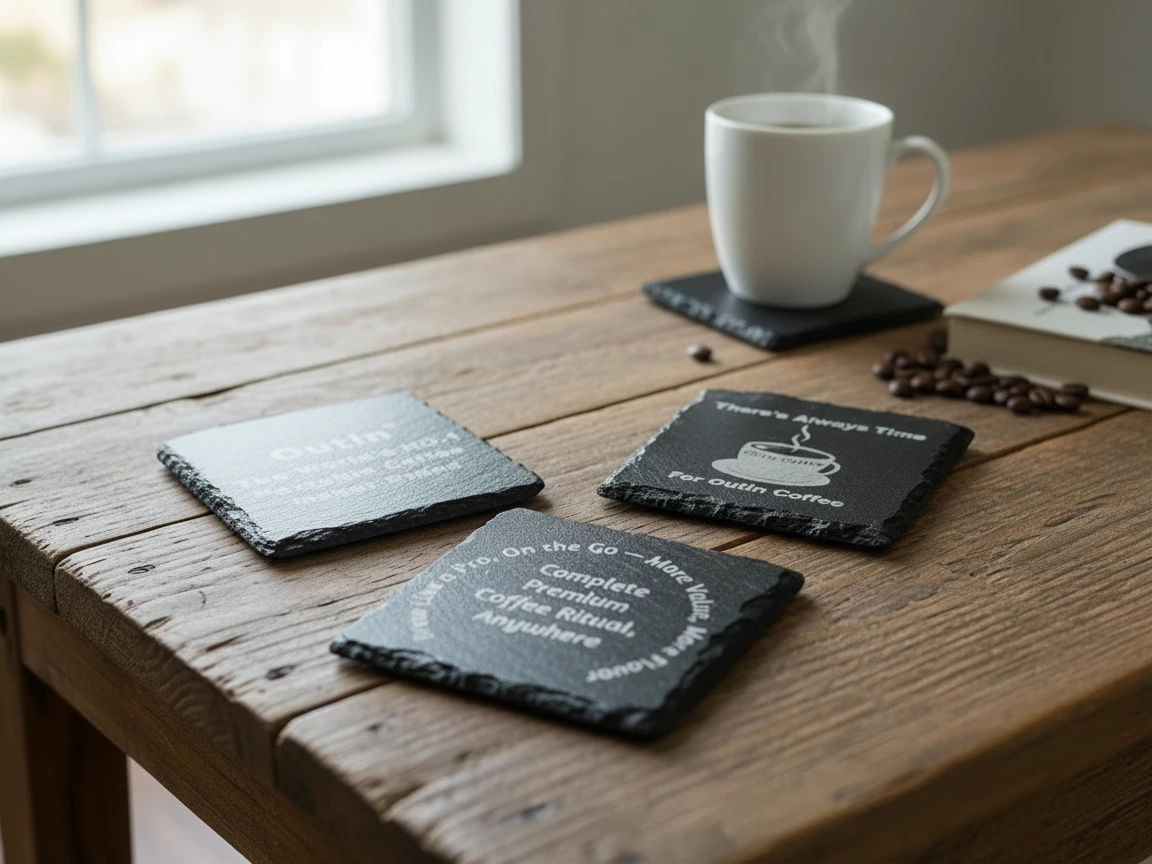 Black stone coaster set engraved with custom coffee text