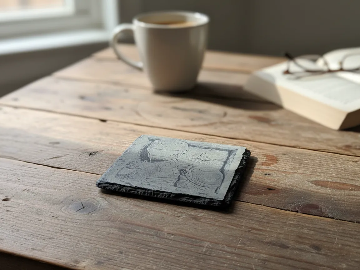 Iron Man armored helmet engraved on slate drink coaster