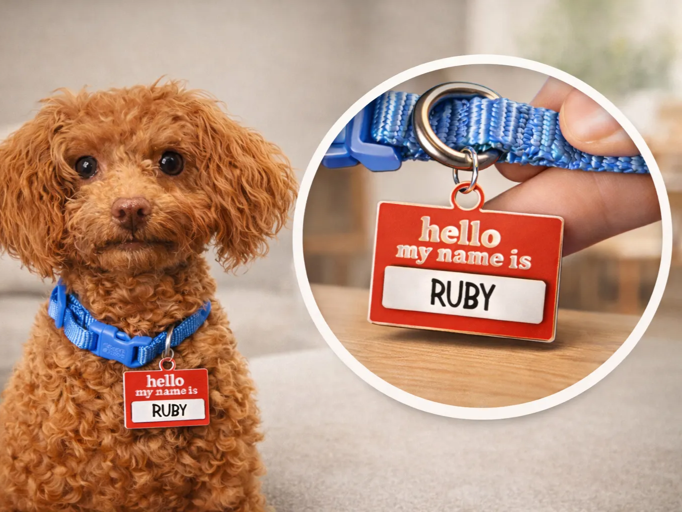 Laser Engraved Red Pet Name Tag, "Hello My Name Is" pet id tag design