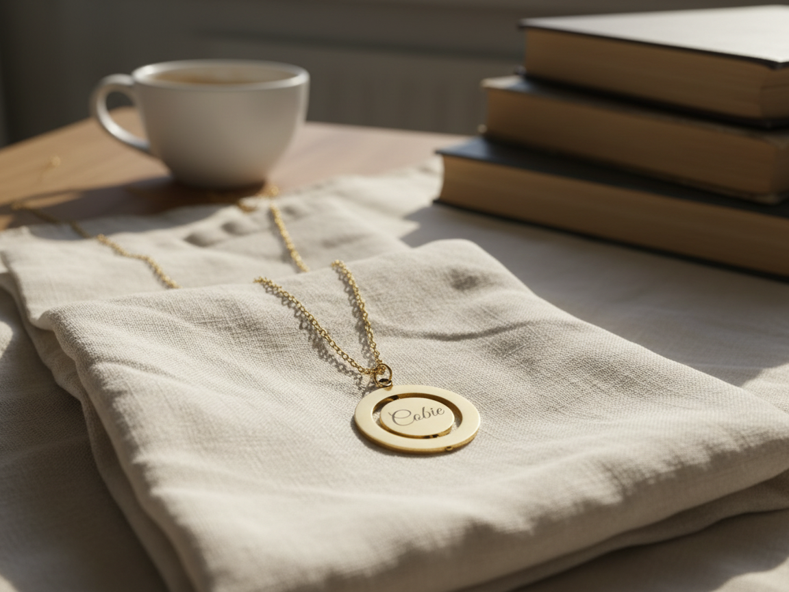 Collier prénom rond en doré avec gravure idée de cadeau d'anniversaire pour sa femme