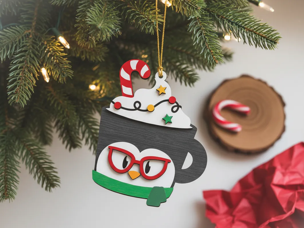 Lasergeschnittenes Kakaotassen-Ornament. Pinguin-Weihnachtsornament. Christbaumschmuck. Kostenloses Design Weihnachts-Geschenkkorb-Idee