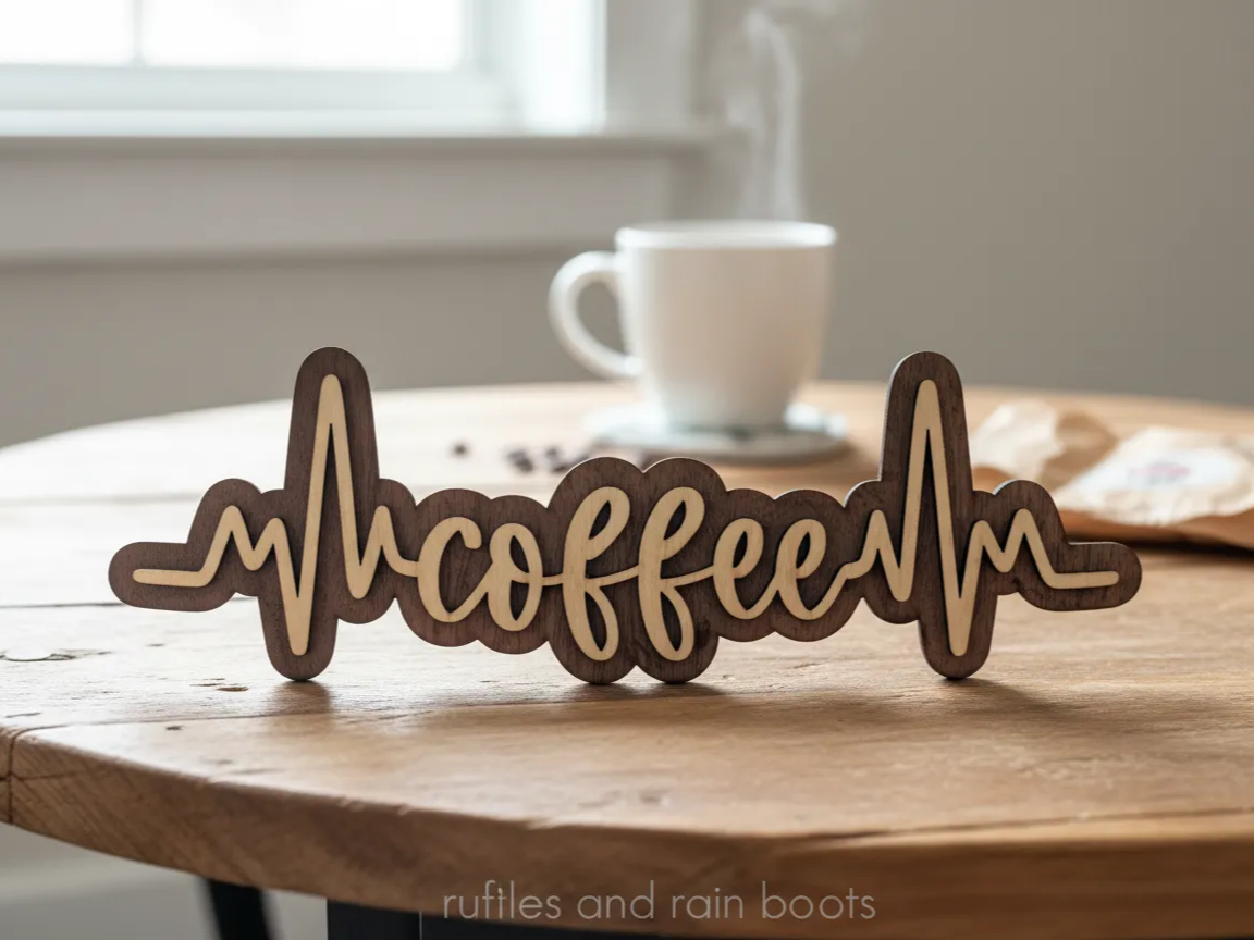 ハートビート付きレーザーカットウッドコーヒーサイン - Coffee is Lifeのレーザーカットキッチンサインアイデア