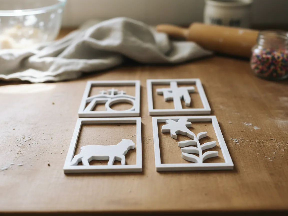 Laser-cut cookie cutters with cross, lamb, and lily silhouettes on a kitchen table