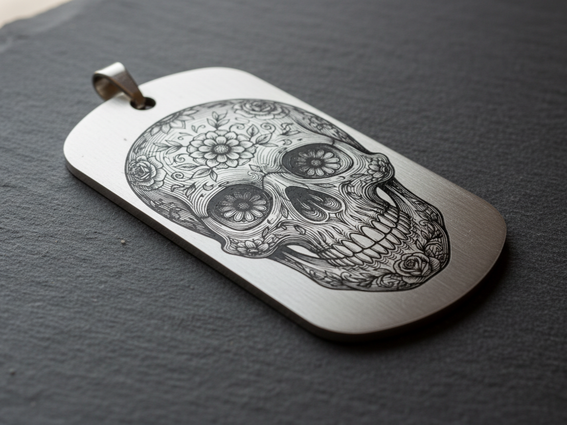 Sugar Skull Dog Tag / Steel Pendant sugar skull dia de los muertos design