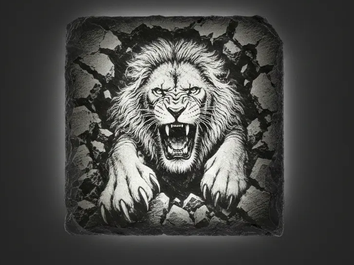 Roaring lion engraved in dramatic 3D relief style on slate coaster