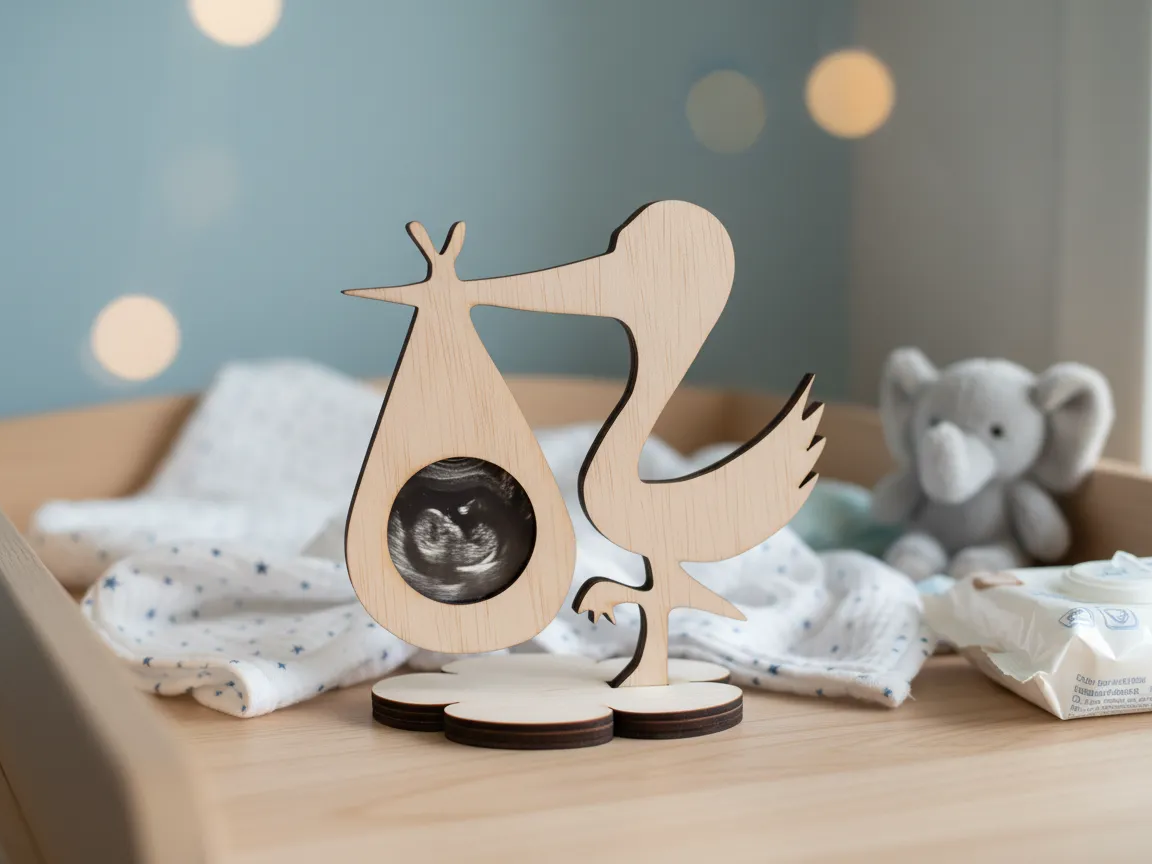 Laser Cut Wooden Stork Baby Ultrasound Photo Frame pregnancy gift idea