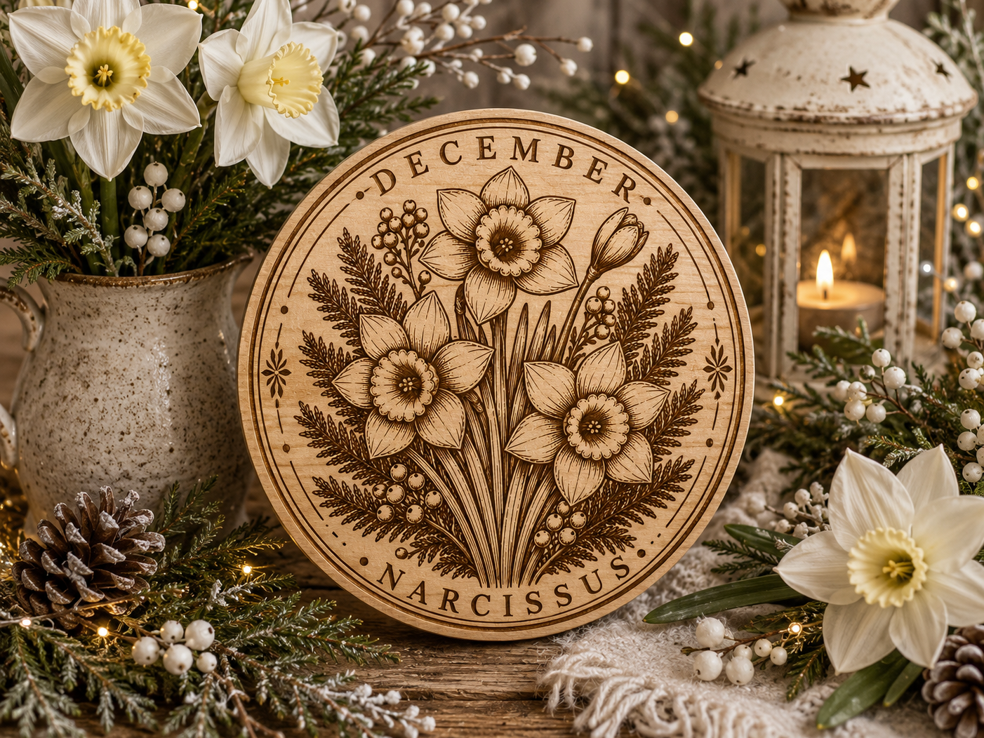 Laser cut coaster featuring December's birth flower, the narcissus
