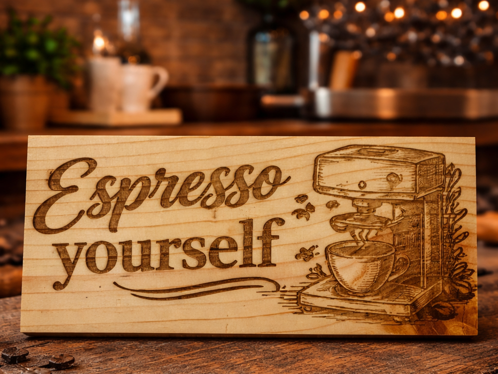 シダーボード - ユーモアコーヒーサイン「Espresso Yourself」のレーザーカットキッチンサインアイデア