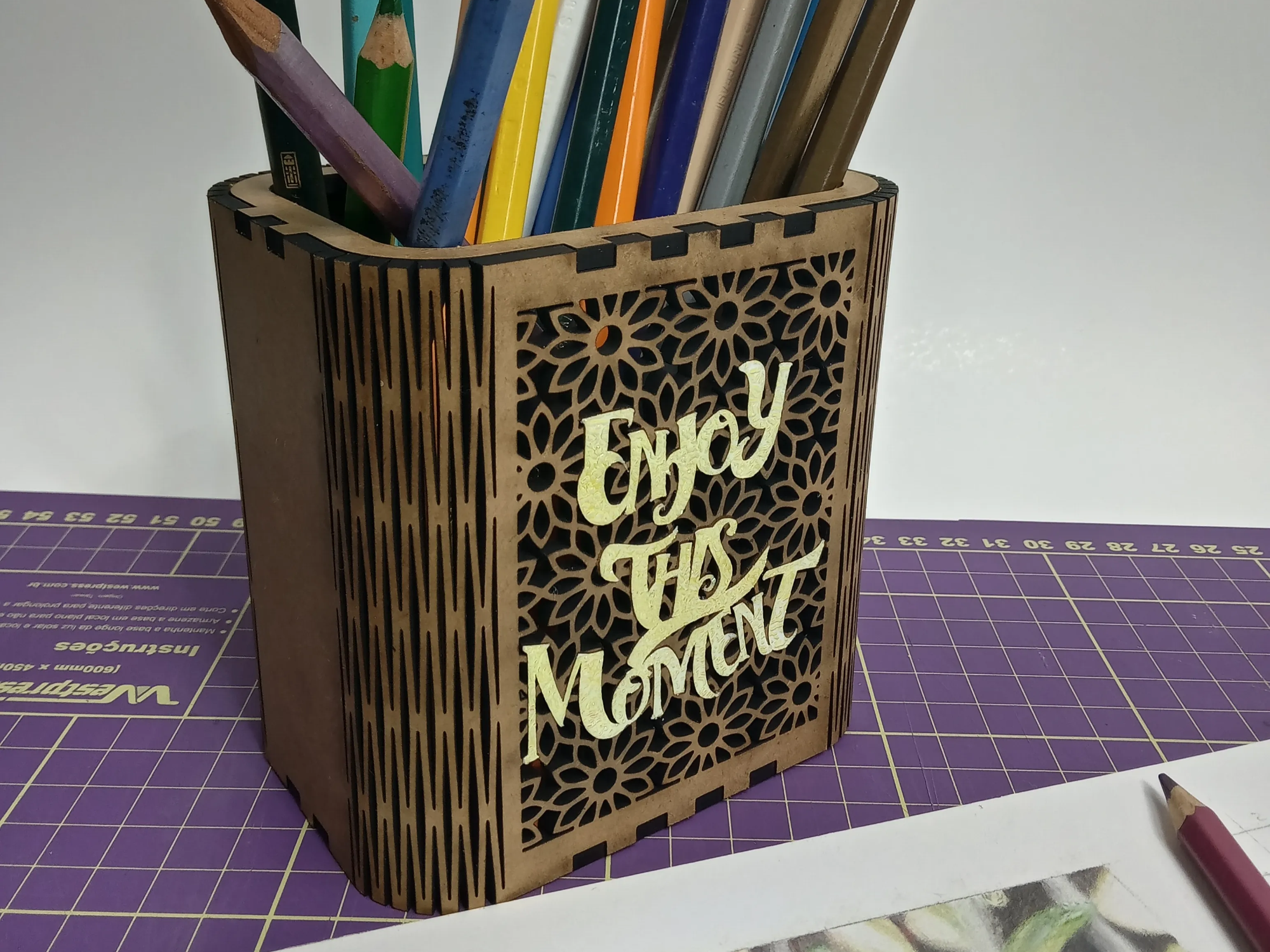 Decorative wooden pencil holder engraved with Enjoy This Moment