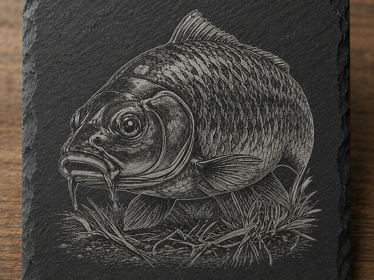 Square slate coaster featuring a detailed carp fish illustration