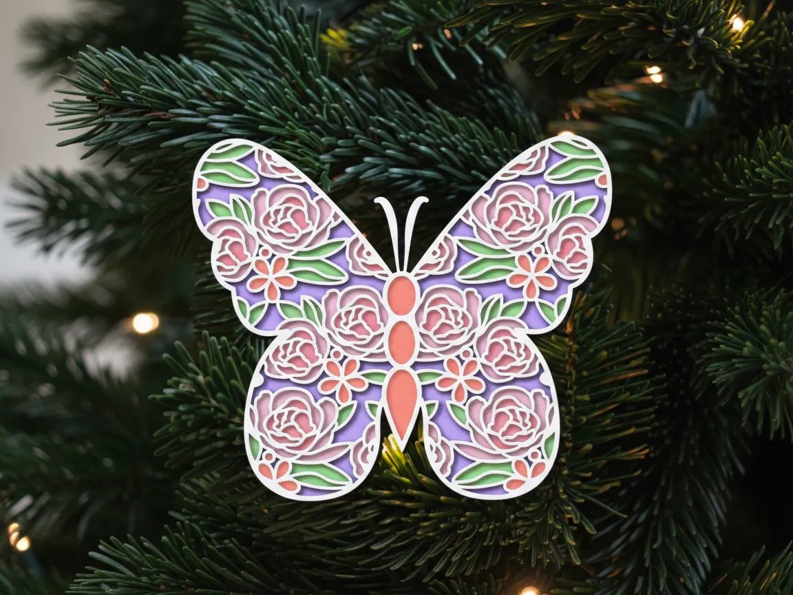 A layered wooden butterfly ornament with a colorful floral inlay pattern