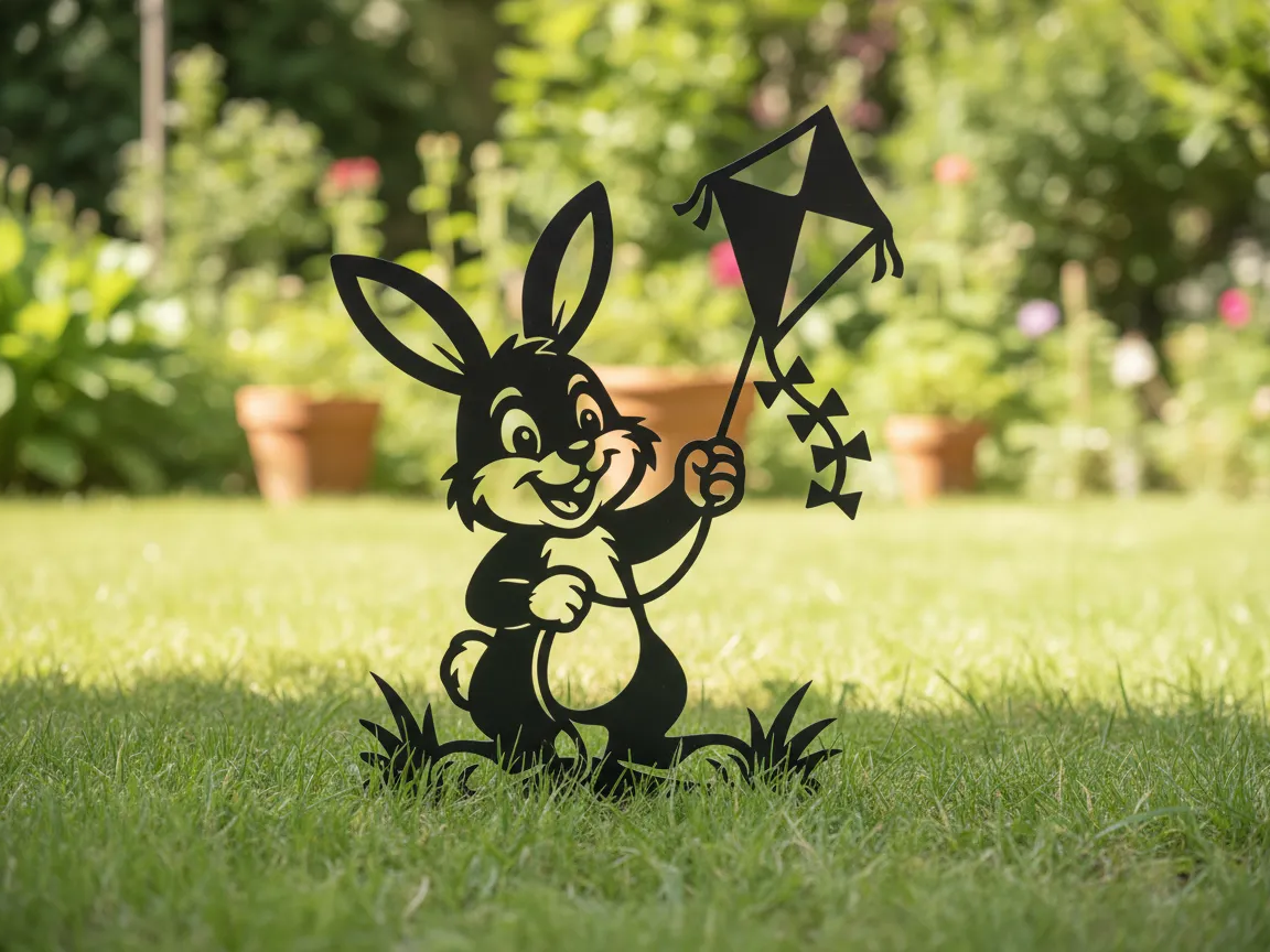 Laser Cut Metal Bunny Garden Yard Art with Kite exterior metal wall art idea