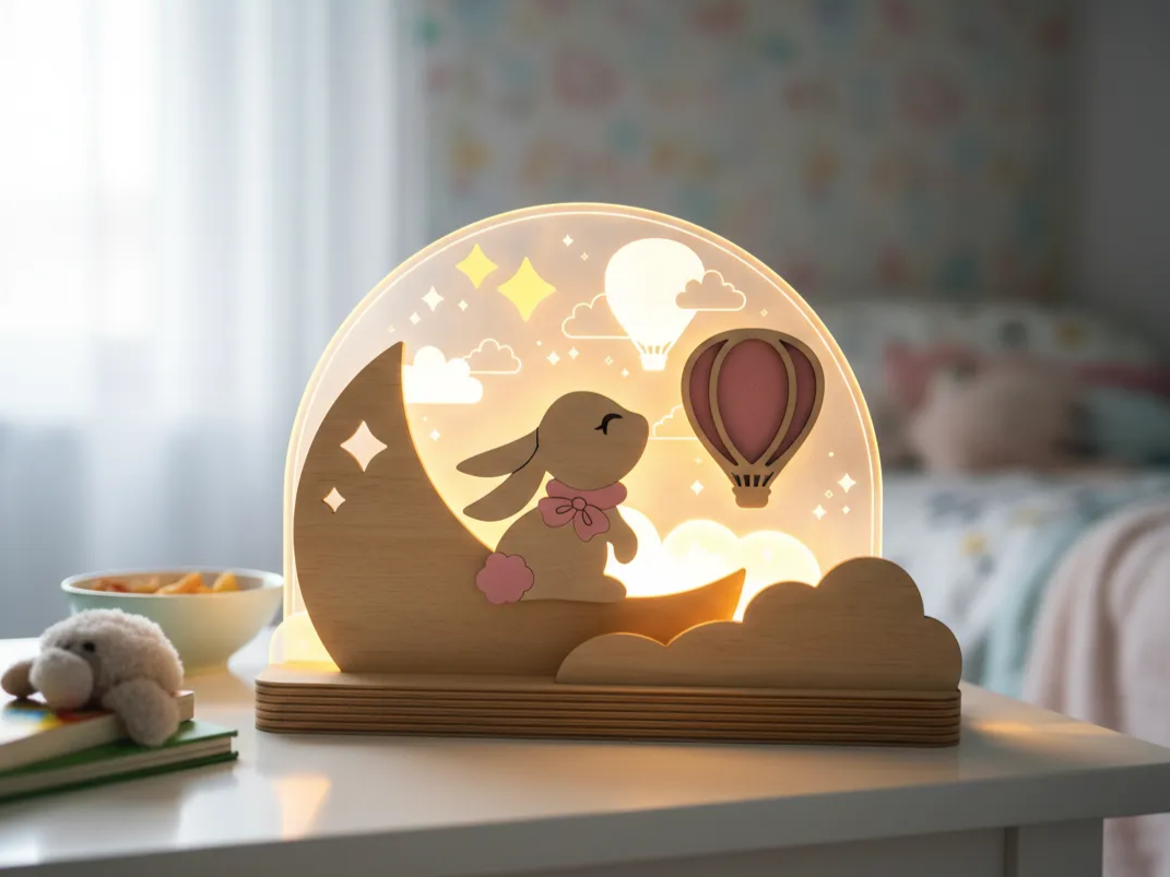Laser cut rabbit on moon nursery night light with hot air balloon glowing