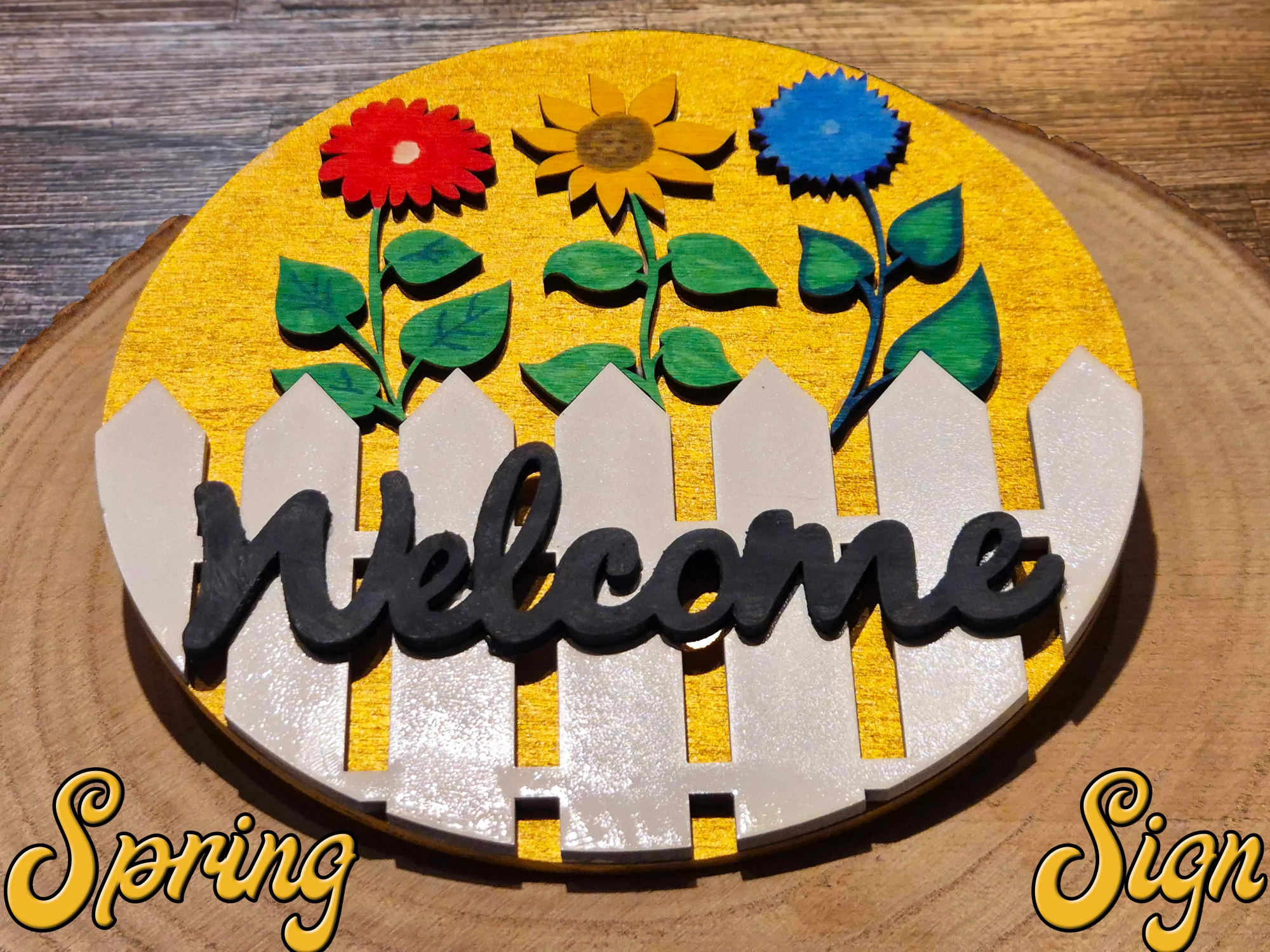 Panneau de bienvenue de printemps avec fleurs et clôture modèle de panneau de bienvenue