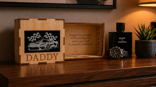 [Laser cut and engrave] Personalized Wooden Keepsake Box for Father's Day with 9 Sports Car Motifs