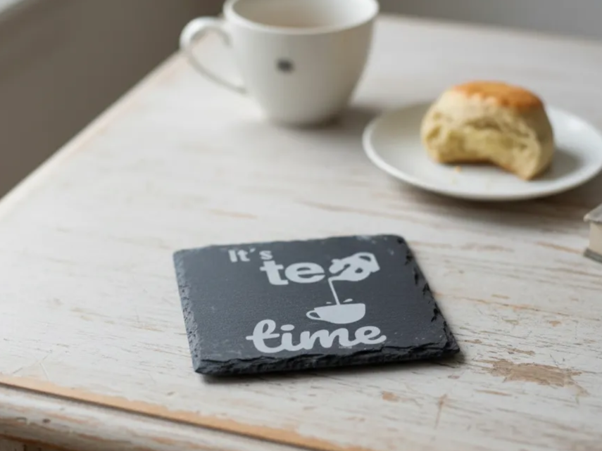 Square slate coaster engraved It's Tea Time with teapot