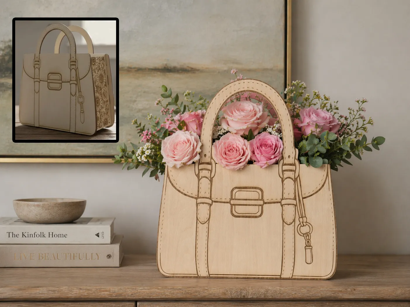 Pink Handbag Shaped Tote or Flower Vase with Floral Arrangement