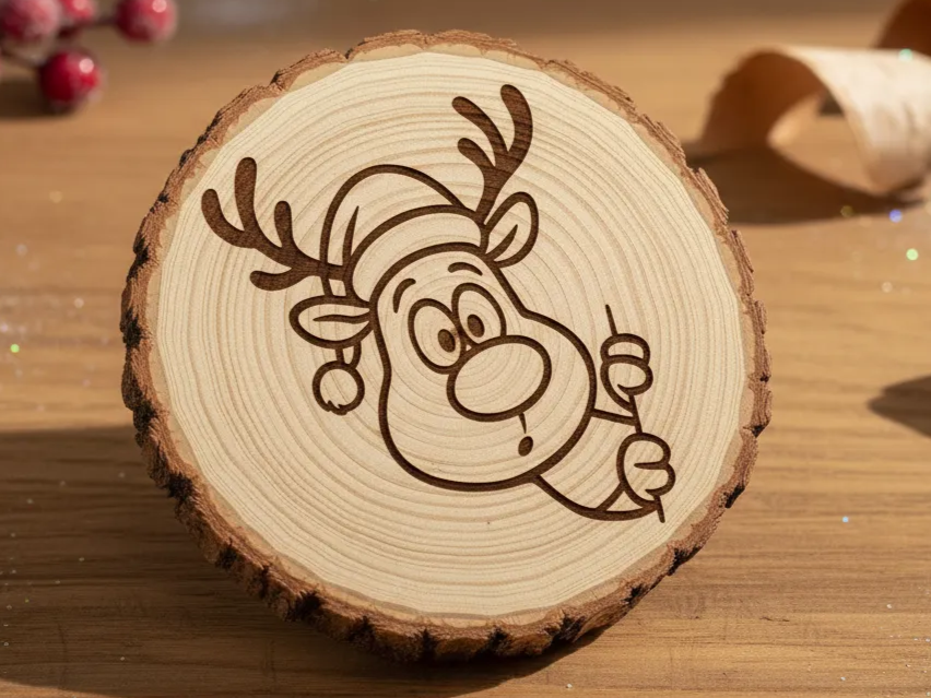 Rustic wood-slice ornament with a peeping reindeer engraving