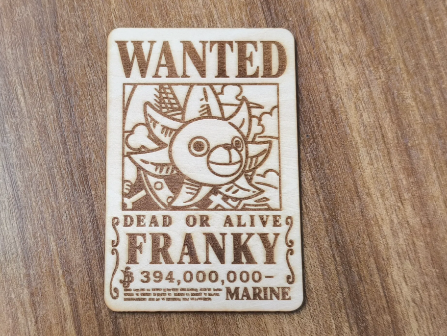 Wooden engraved wanted poster of Franky with bounty amount One Piece gift idea