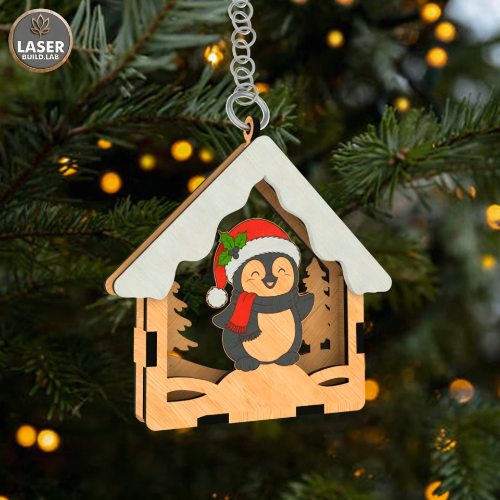 [Laser cut and engrave] Laser Cut Wooden Christmas Ornament with Festive Penguin Design