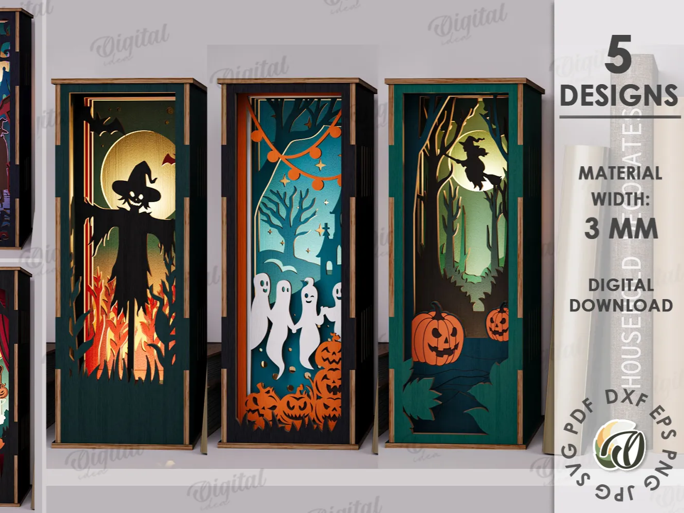 Halloween book nook bundle of 3D layered shelf insert dioramas with ghost witch skeleton scenes