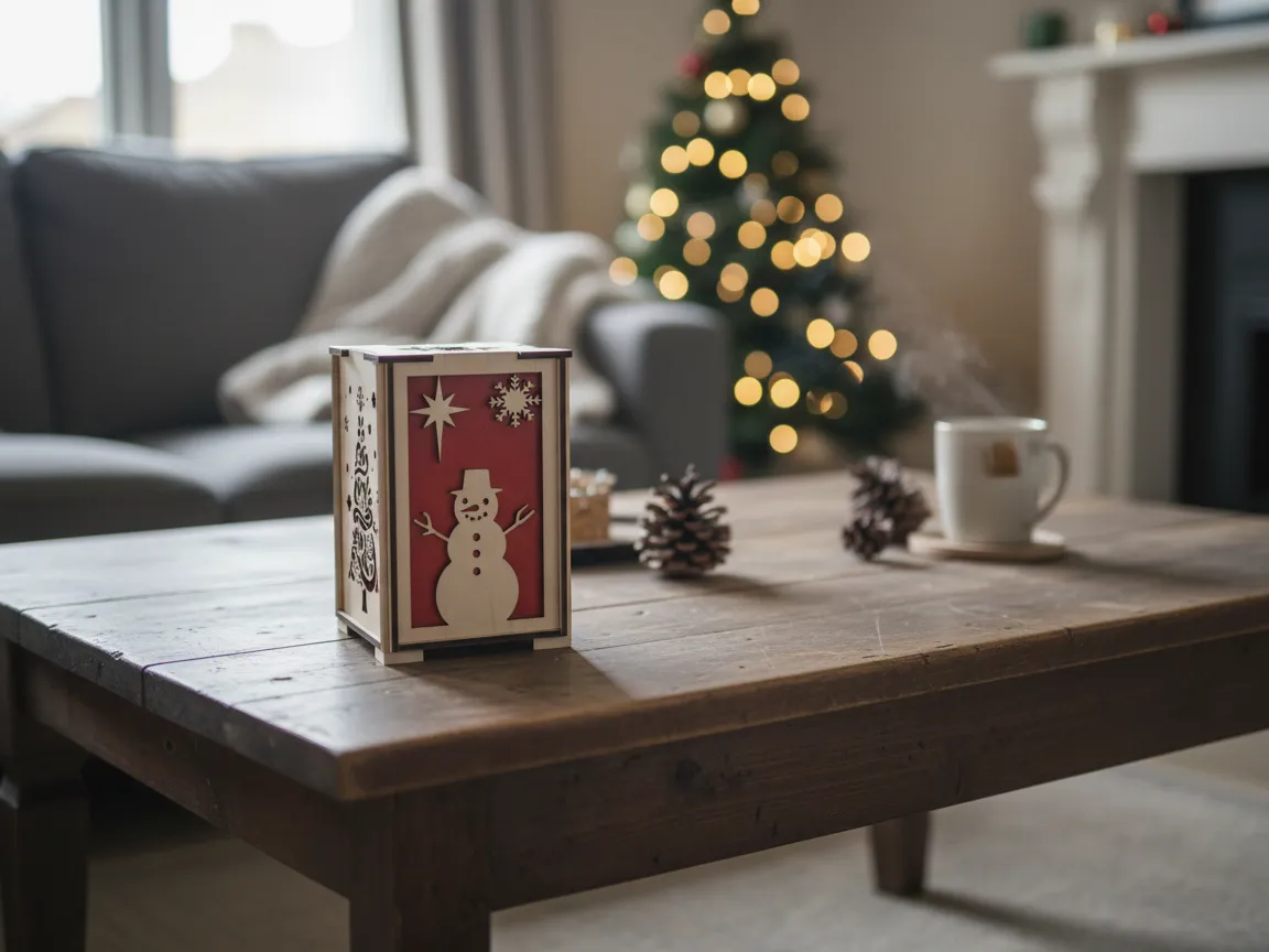 Laser cut wooden Christmas lantern with a versatile multi-use panel design