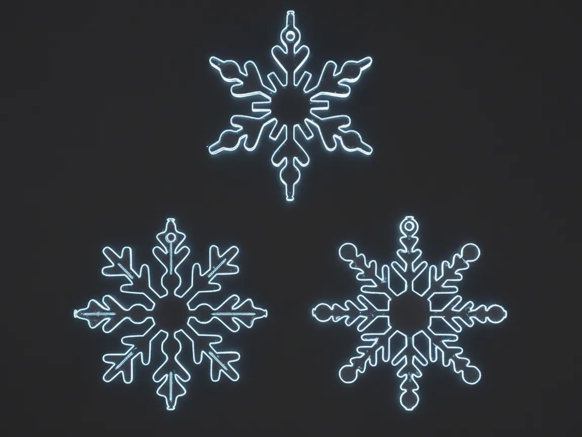 Laser cut set of three white acrylic snowflake ornaments for window