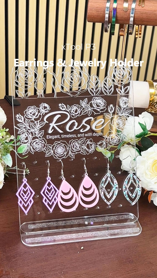 [Laser cut and engrave] Laser Engraved Acrylic Rose Earring Display Stand