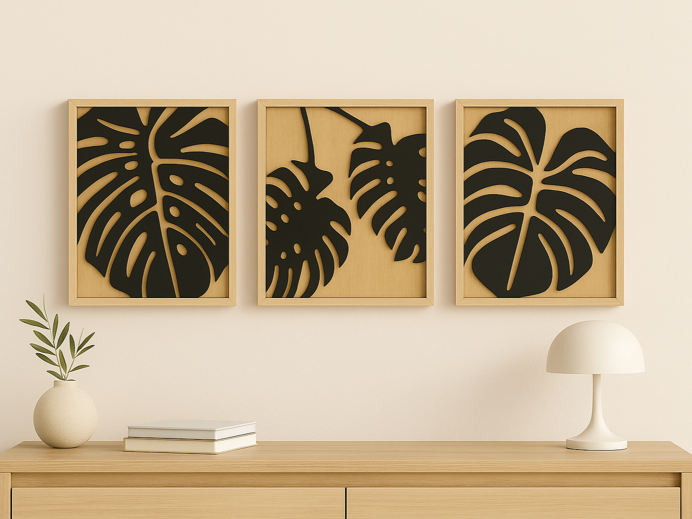 Set panel seni dinding daun monstera berbingkai