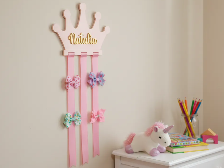 Personalized wooden hair bow and headband holder for kids room