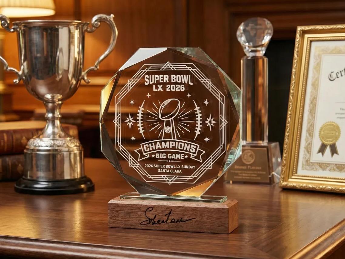 Laser Engraved Super Bowl LX 2026 Champions Trophy with Wooden Base sports party decoration design