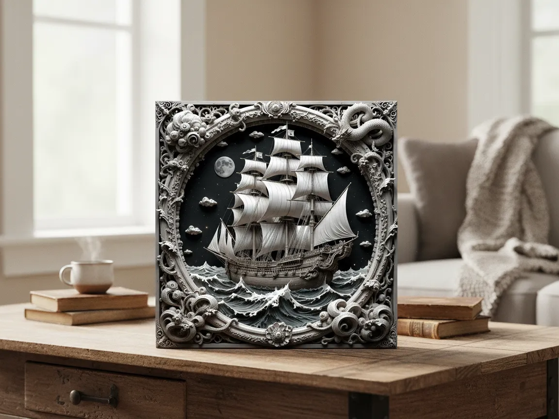 Intricate Laser Cut 3D Ship Wall Art with Nautical Frame