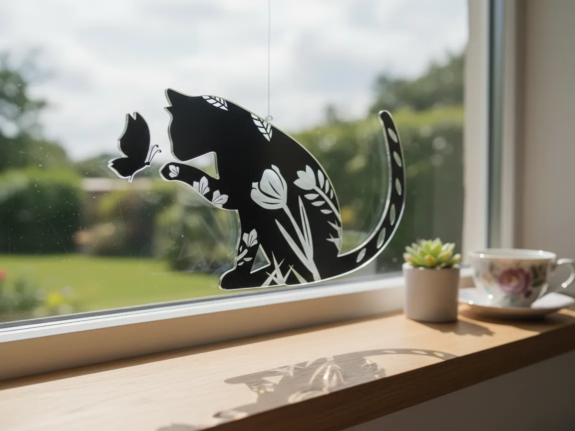 Black Cat and Butterfly Floral Window Suncatcher garden ornament design