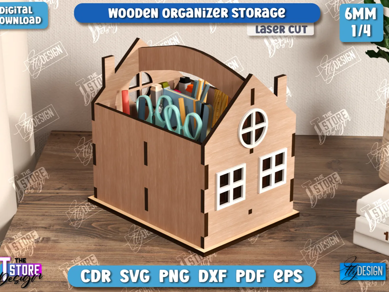 3D-hausförmiges lasergeschnittenes Schreibtisch-Organizer-Design, Stifthalter, Holz-Organizer-Aufbewahrungsbox SVG, H