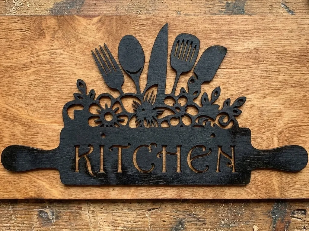 Laser Cut Wooden Kitchen Sign with Utensils and Floral Design