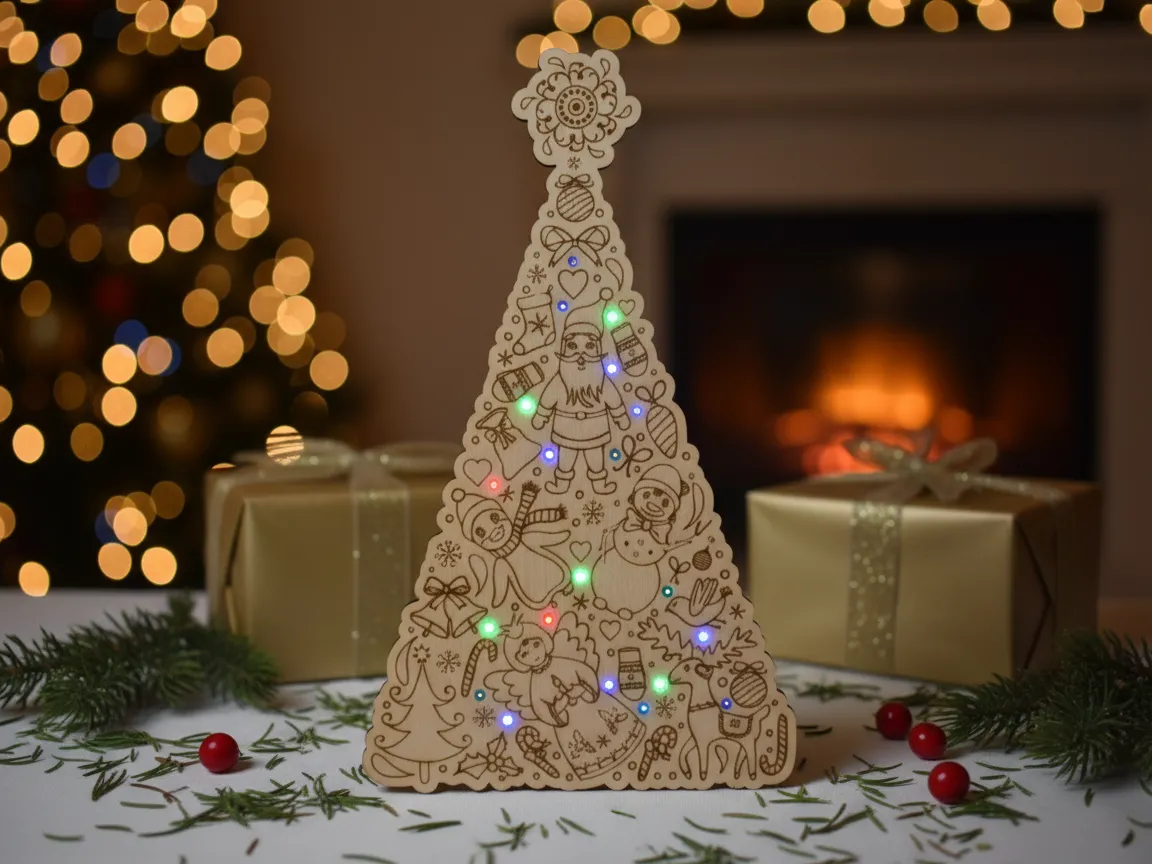 Wooden Tree Decoration with LEDs light up Christmas tree ornament idea