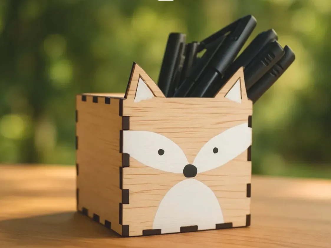 Laser Cut Wooden DIY Fox Animal Pen Holder Desk Organizer
