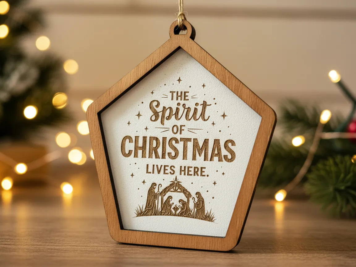 A pentagon wooden ornament with a layered nativity scene reading The Spirit of Christmas Lives Here