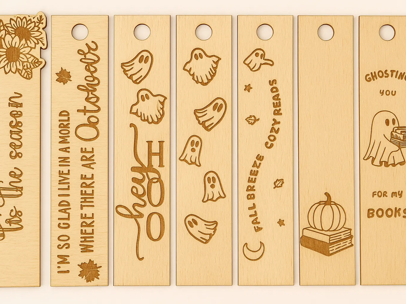 7 segnalibri in legno a tema Halloween tagliati al laser con design fantasma e zucca - vero progetto zucca Atomm