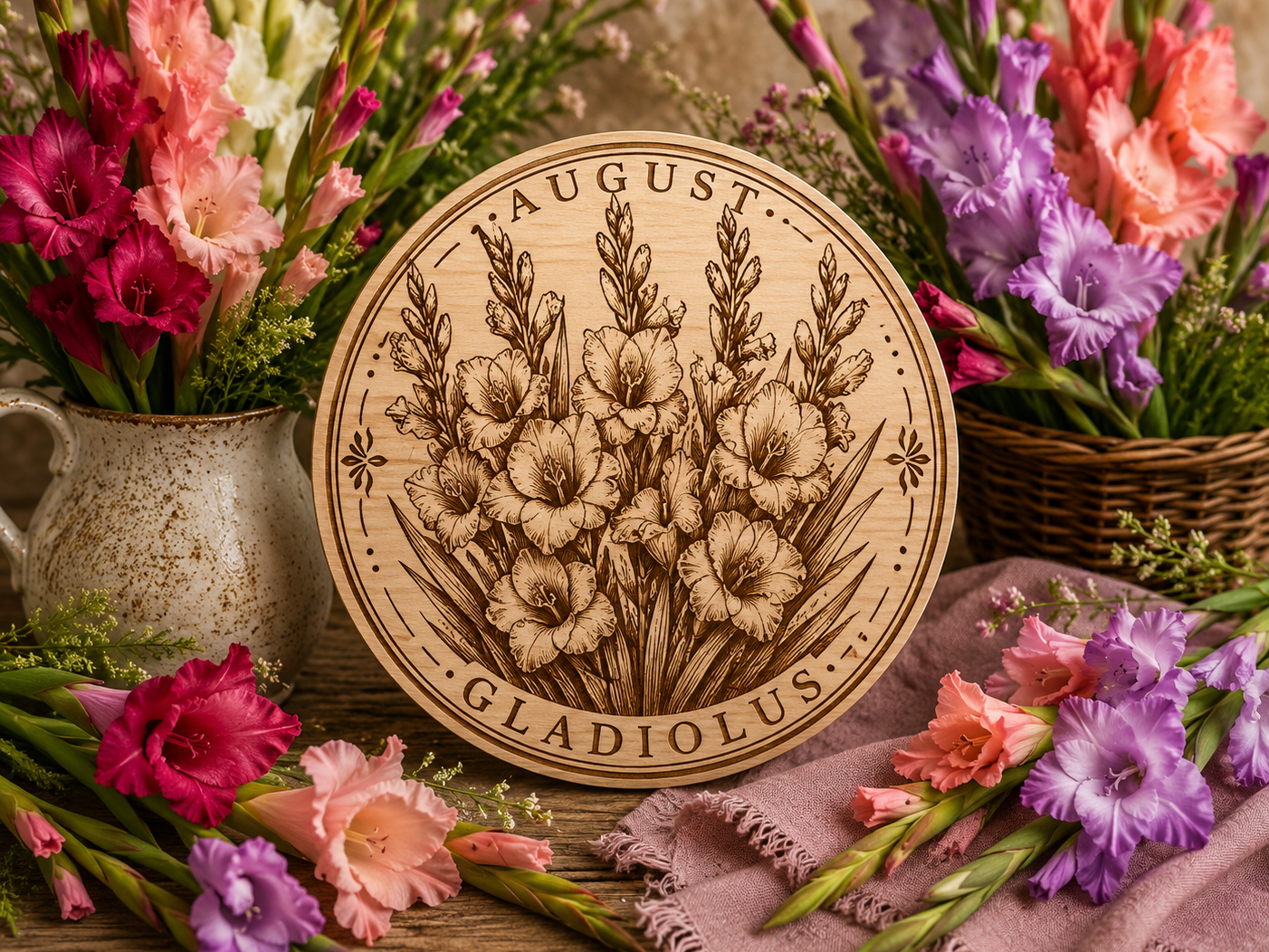 Laser cut coaster featuring August's birth flower, the gladiolus