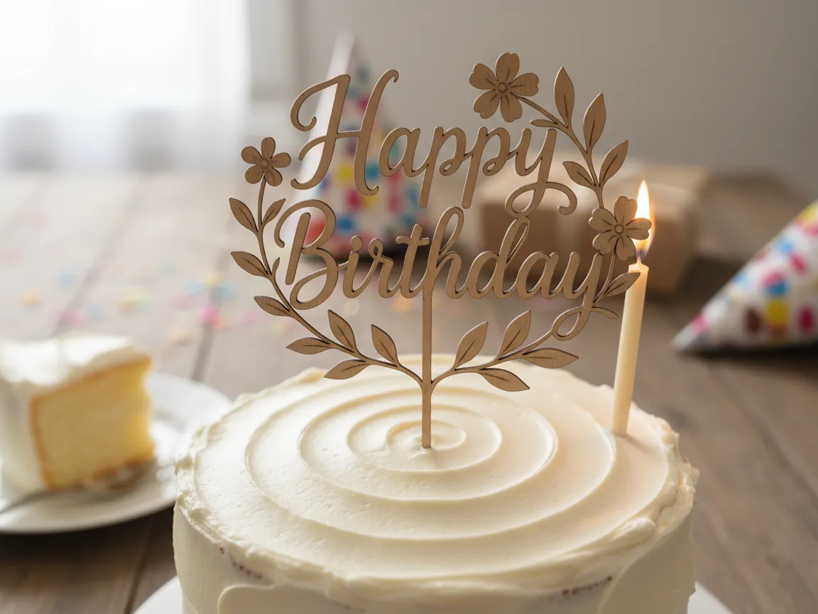 Cake topper Happy Birthday in legno tagliato al laser con design floreale