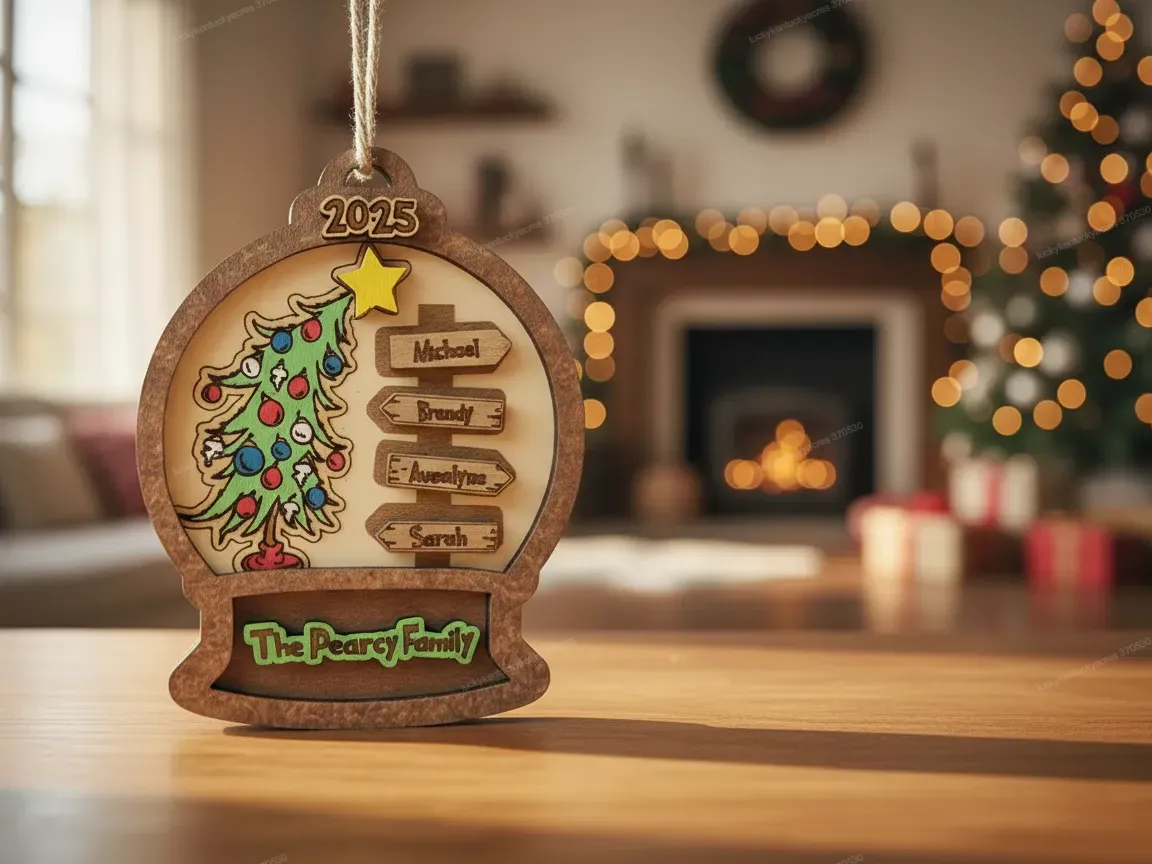 Grinch style directional signpost ornament pointing around the Christmas tree