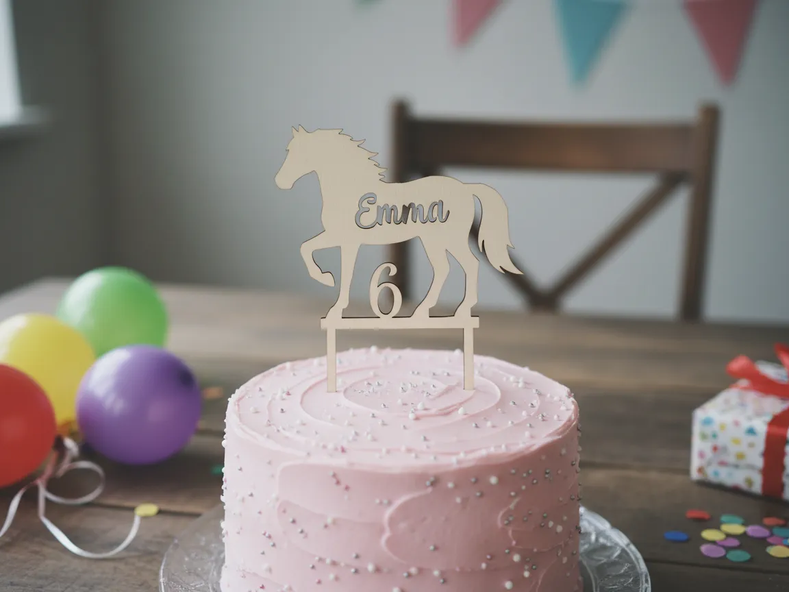 Cake topper cavallo in legno tagliato al laser con il nome Emma e il numero 6