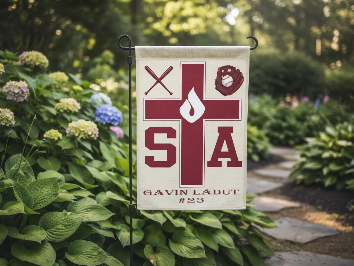 Personalized garden flag with baseball design and name engraving
