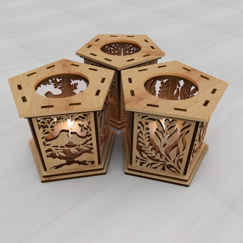 [Laser cut and engrave] Birds and Trees Candle Holder | Laser Cut Lantern SVG DXF File | Wooden Tea Light Holder Template