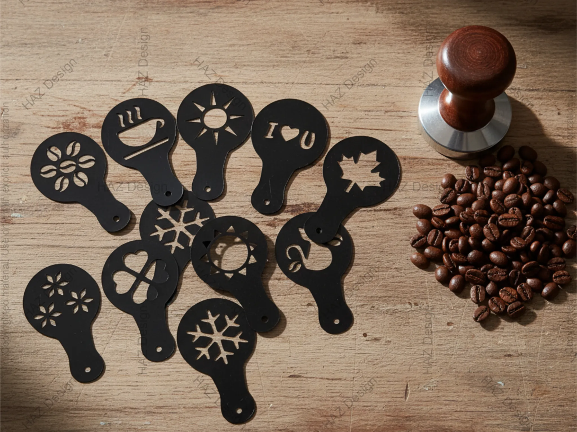 Laser cut and engrave 24 Coffee Stencil Set, Barista Latte Art